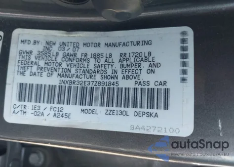 2007 Toyota Corolla S from USA, damaged, VIN 1NXBR32E37Z891845